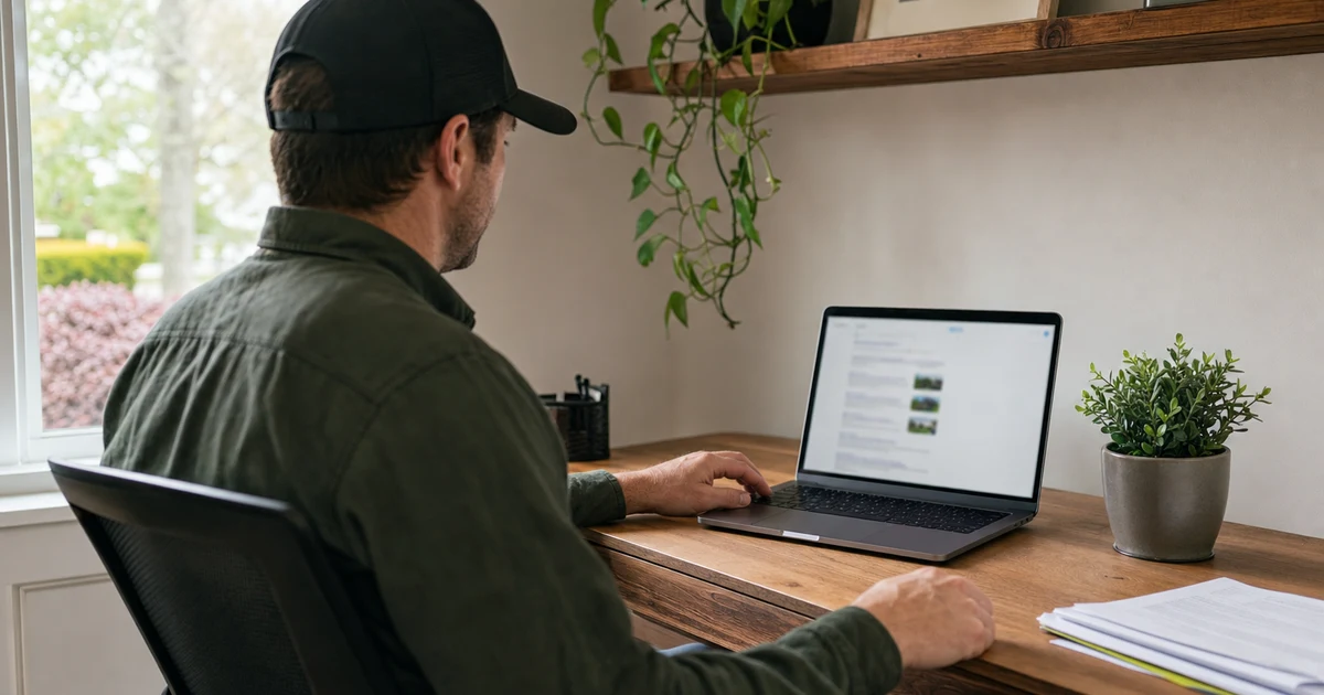A landscaping company owner reviewing search results on a laptop at a home-office desk, morning window light