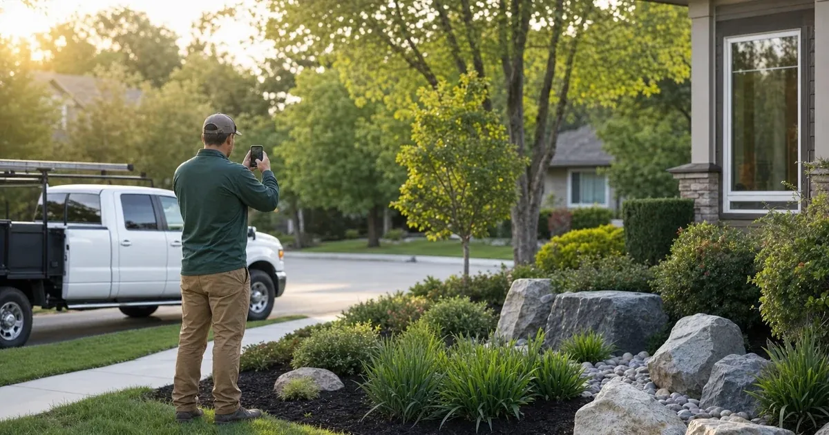 A landscaping company owner photographing a finished front-yard installation on a phone for their online listing, work truck parked on the street in soft morning light